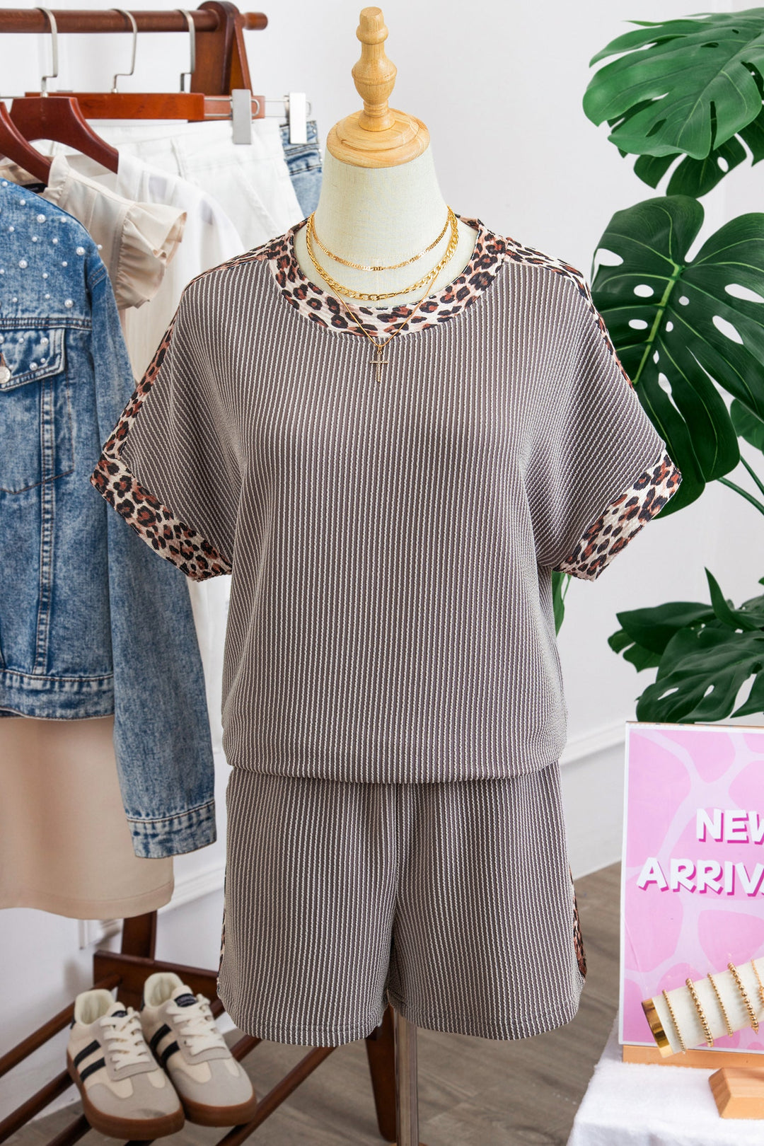 Leopard Trim Corded Top &amp; Shorts Set
