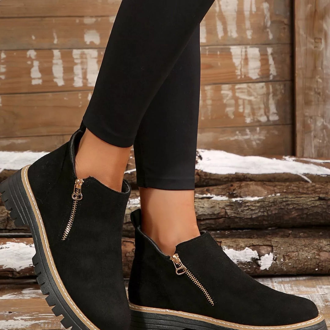 Side-Zip Suede Ankle Boots with Mid Heel