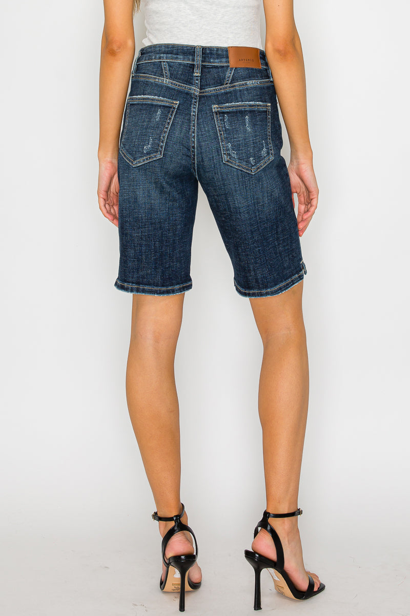 Celeste High Rise Bermuda Denim Shorts | Dark Stone Wash Crosshatch Jean