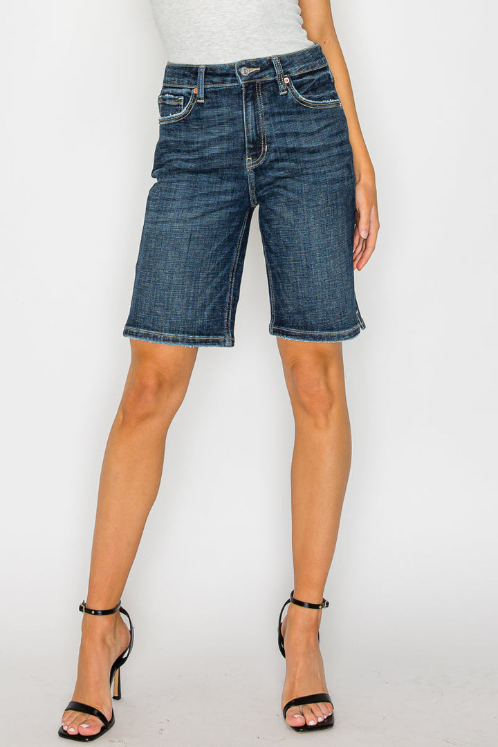 Celeste High Rise Bermuda Denim Shorts | Dark Stone Wash Crosshatch Jean