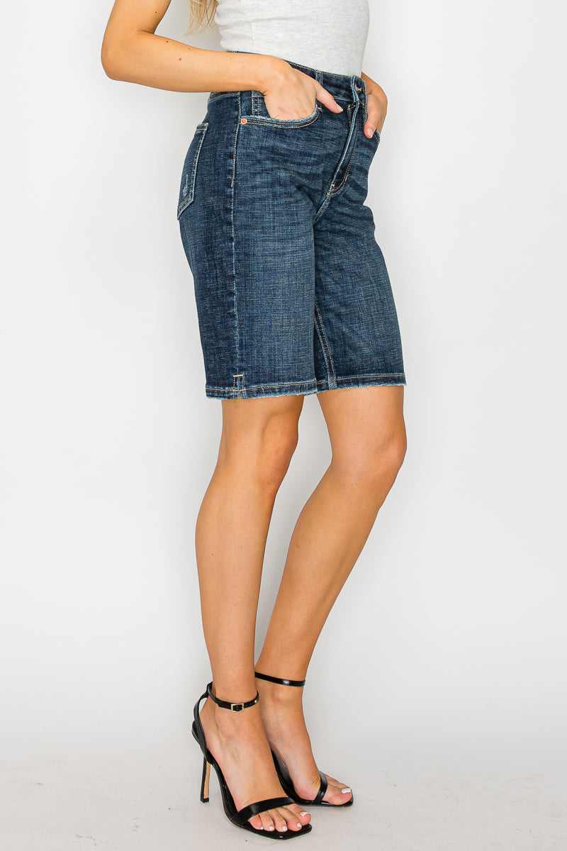 Celeste High Rise Bermuda Denim Shorts | Dark Stone Wash Crosshatch Jean