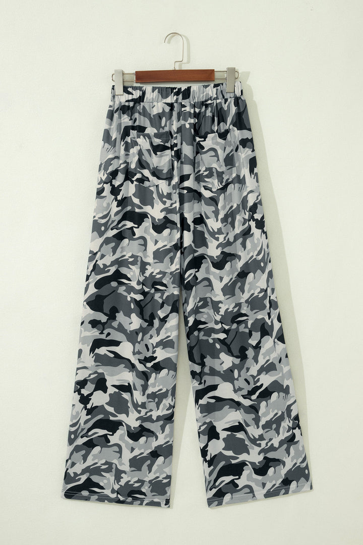 Camo Drawstring High Waist Wide Leg Pants