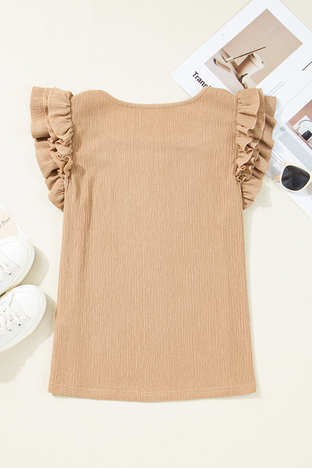 Square Neck Textured Ruffle Sleeve Blouse
