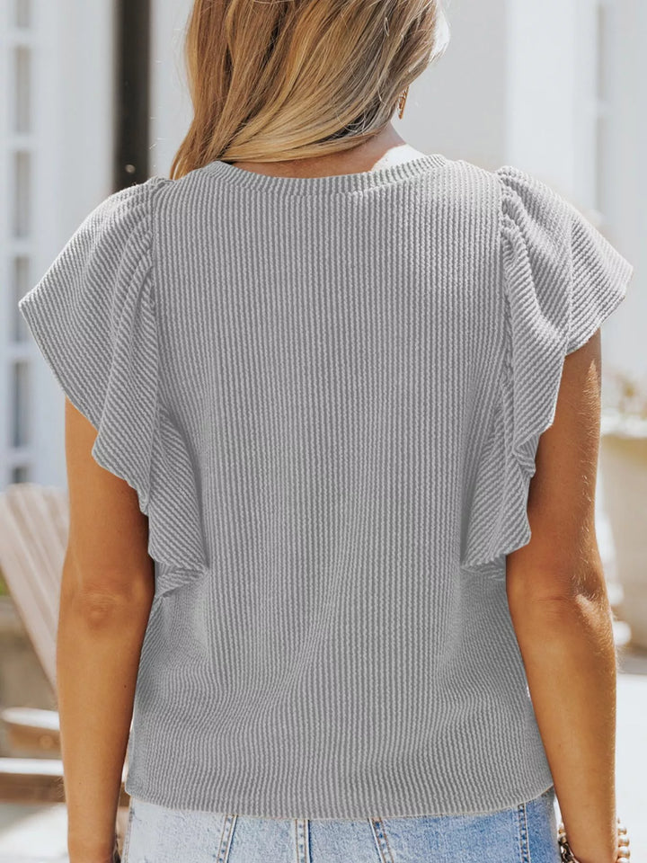 Ruffled Sleeve Ribbed Knit Tee