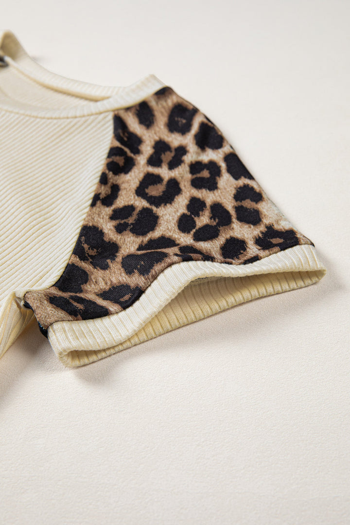 Leopard Contrast Sleeve Ribbed Knit Tee