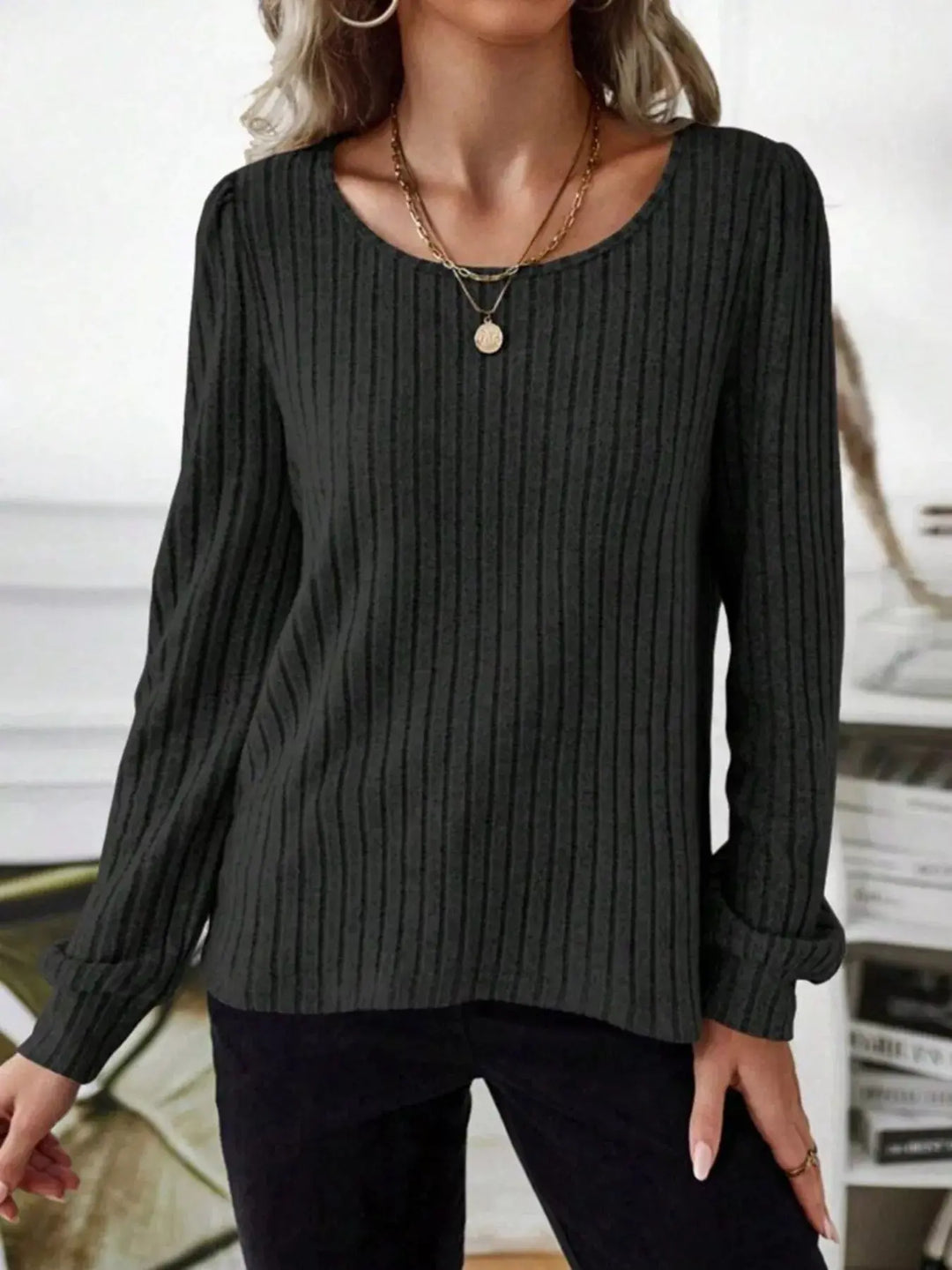 Ribbed Knit Puff Shoulder Long Sleeve Top