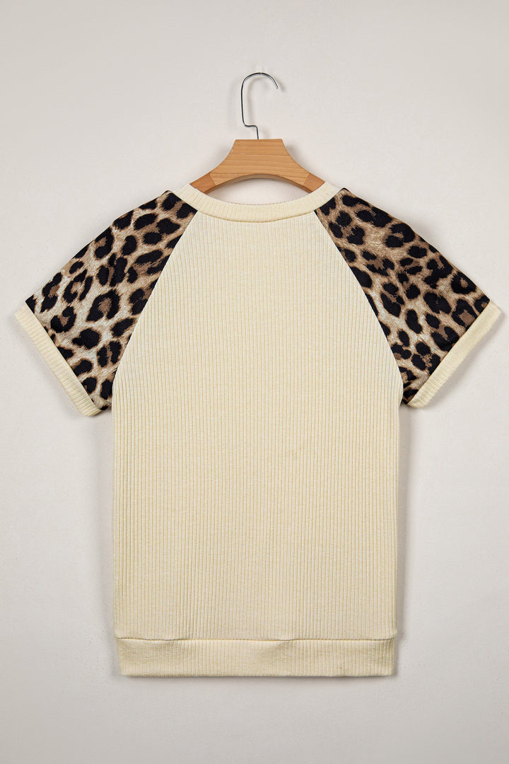 Leopard Contrast Sleeve Ribbed Knit Tee