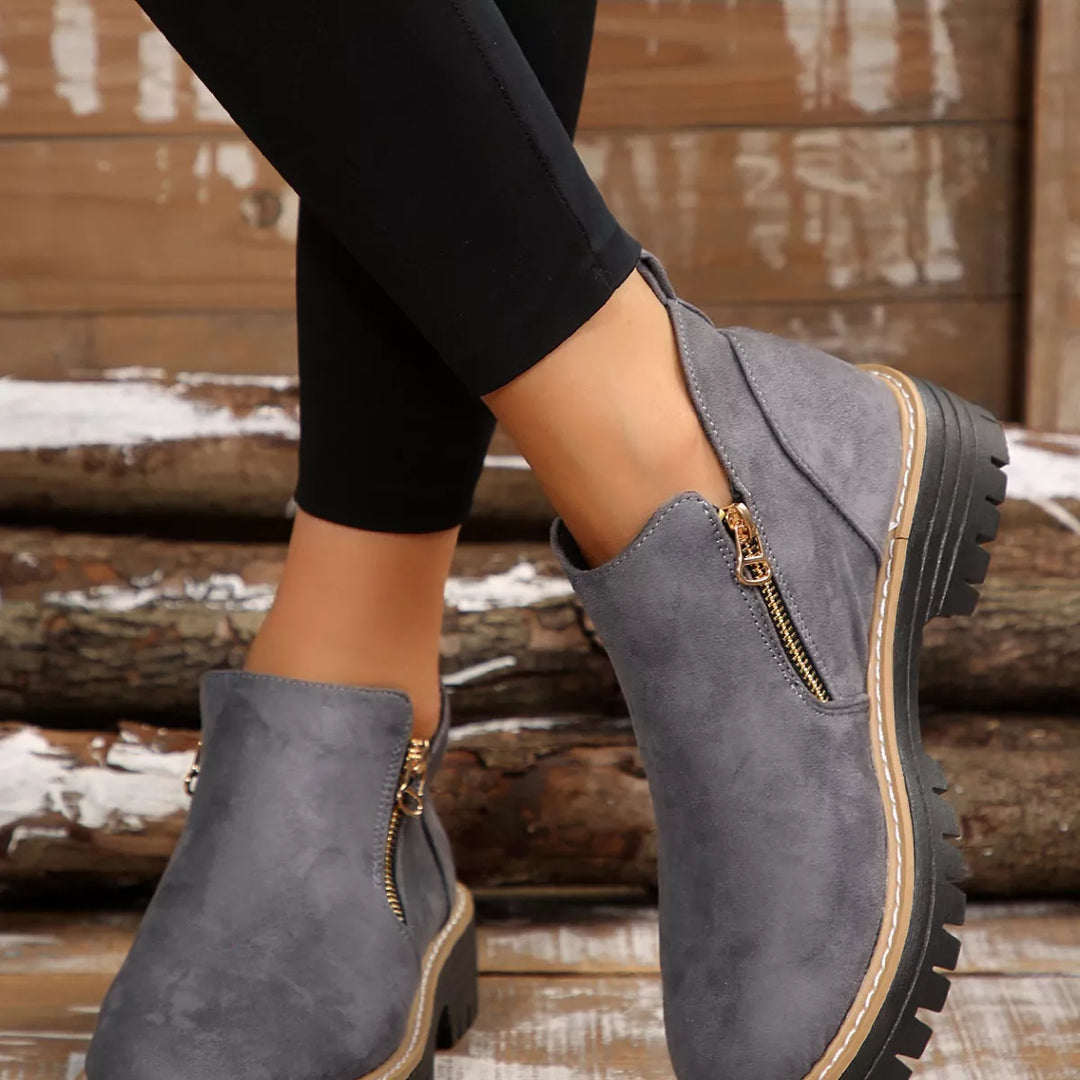 Side-Zip Suede Ankle Boots with Mid Heel