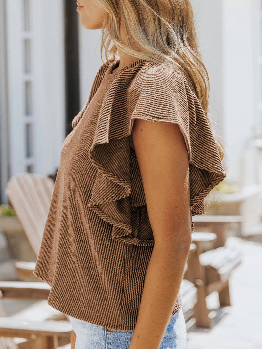 Ruffled Sleeve Ribbed Knit Tee