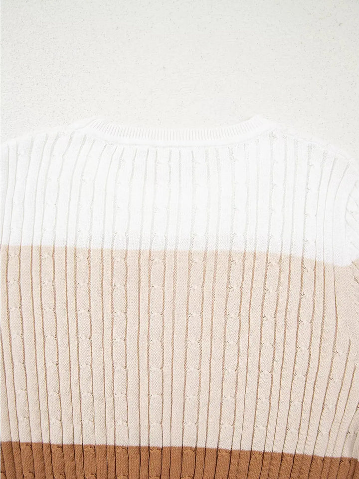 Colorblock Cable Knit Sweater | Round Neck Cozy Knit Top