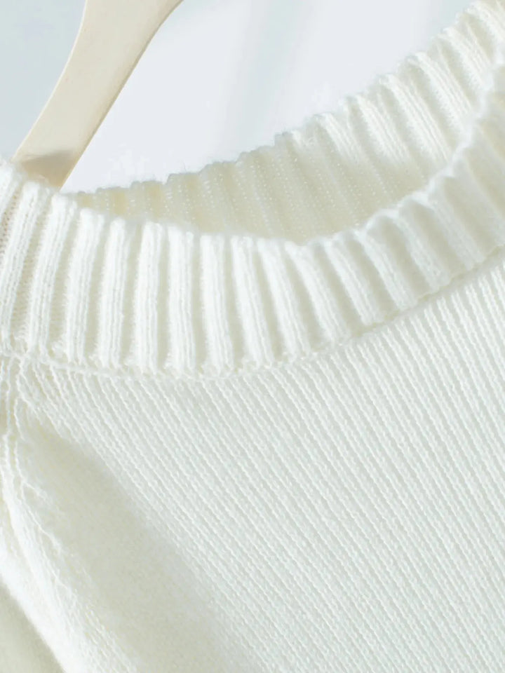 White Ribbed Knit Boat Neck Sweater