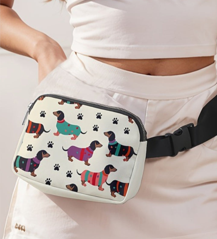 Dachshund Print Crossbody Bag - Dog Lover Zip Closure Purse with Adjustable Strap