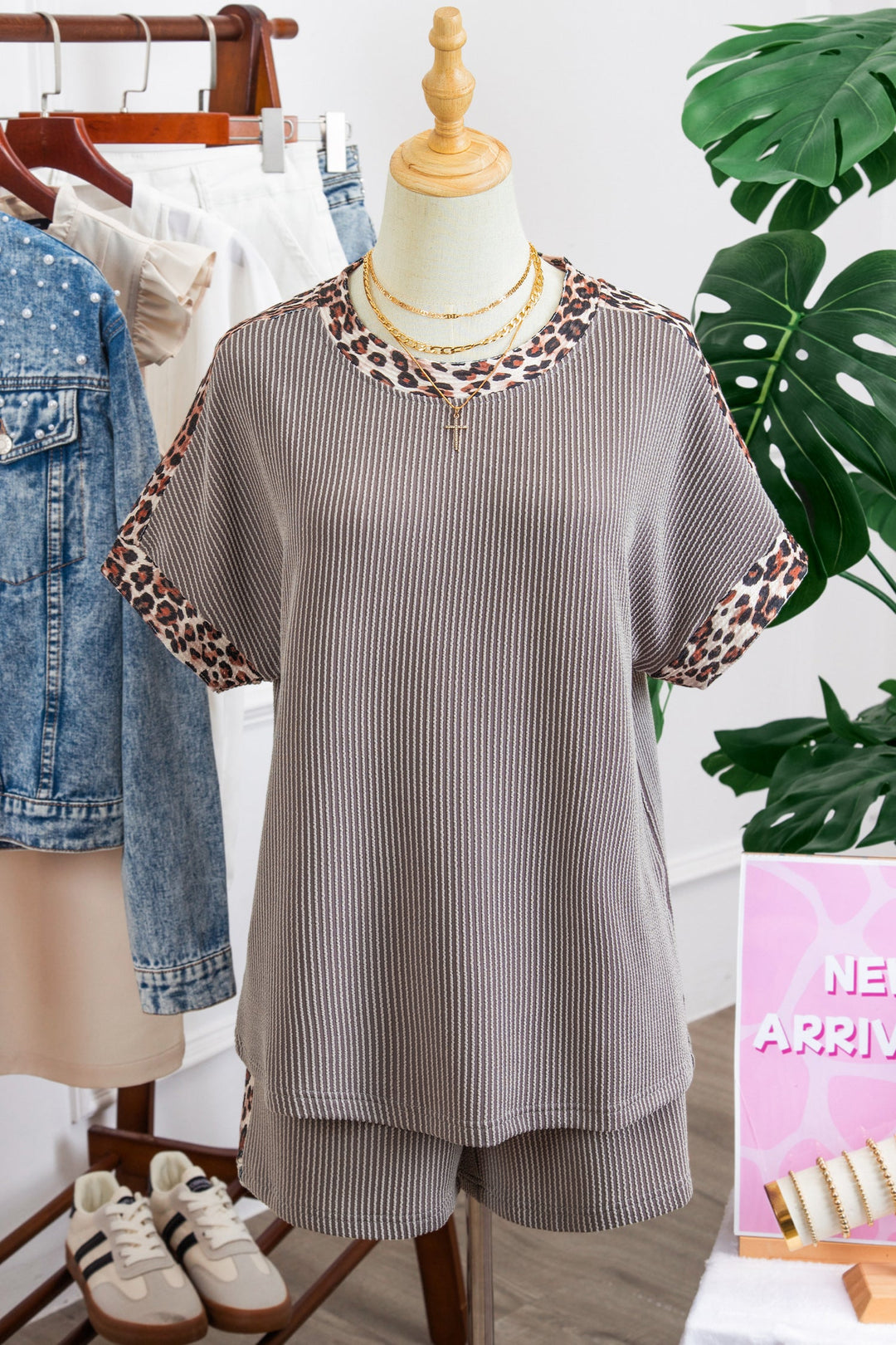 Leopard Trim Corded Top &amp; Shorts Set