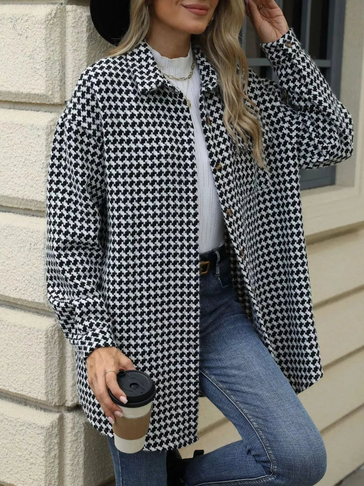 Houndstooth Longline Coat | Button-Up Long Sleeve Jacket