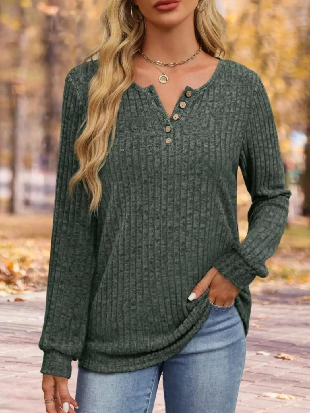 Ribbed Knit Button-Front Long Sleeve Top