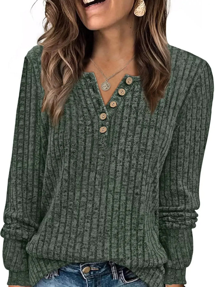 Ribbed Knit Button-Front Long Sleeve Top