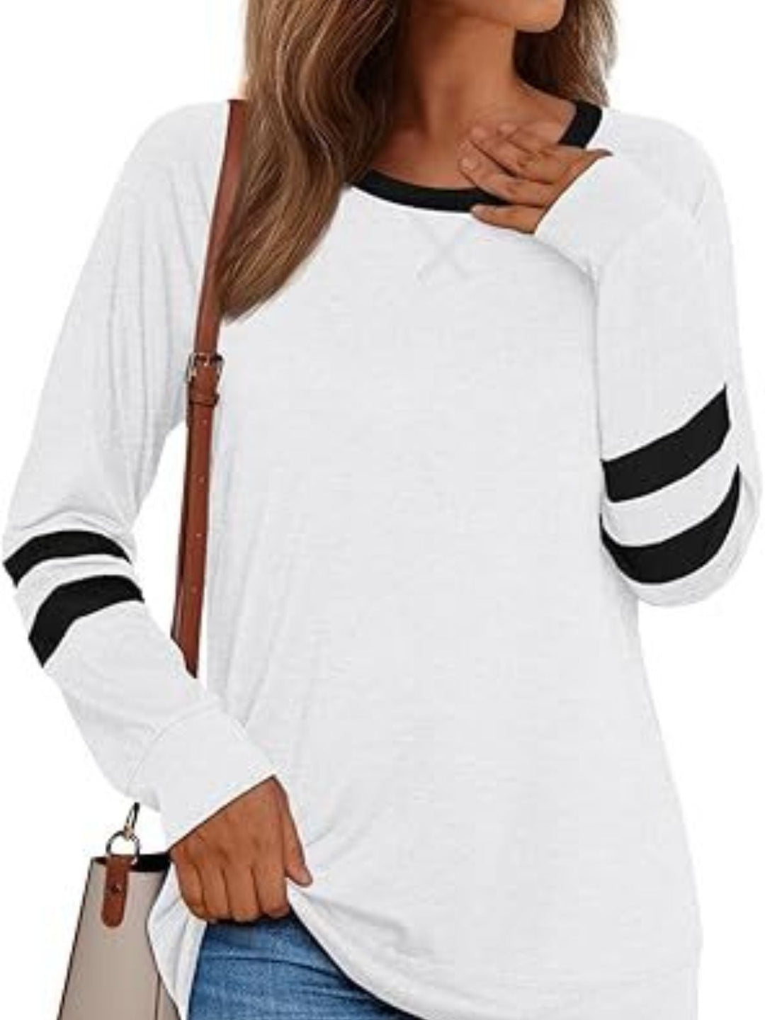 Striped Sleeve Long Sleeve Tee | Casual Round Neck Top