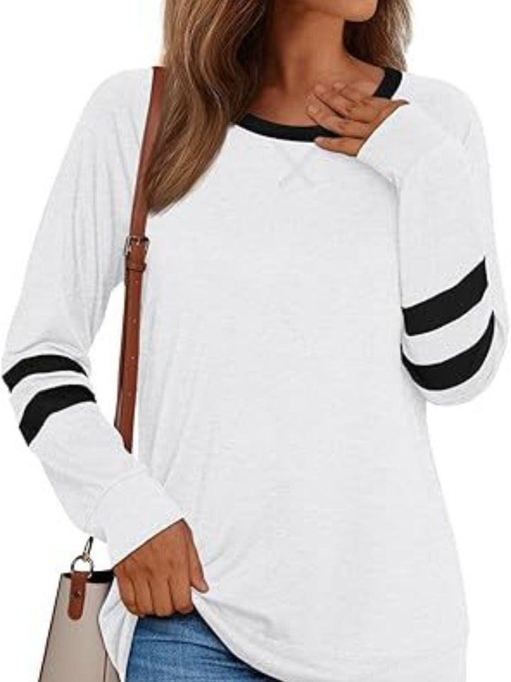Striped Sleeve Long Sleeve Tee | Casual Round Neck Top