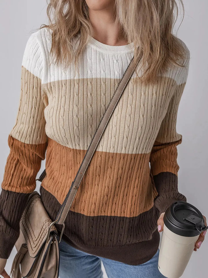 Colorblock Cable Knit Sweater | Round Neck Cozy Knit Top