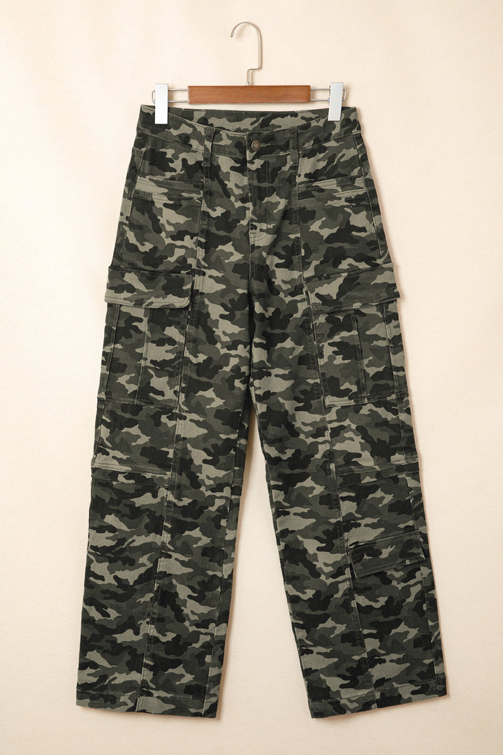 Camo Denim Cargo Pocket Wide Leg Pants