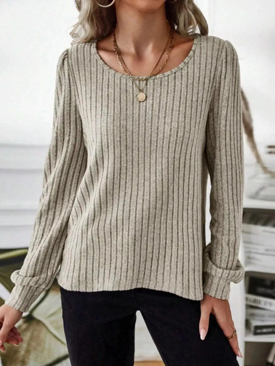 Ribbed Knit Puff Shoulder Long Sleeve Top
