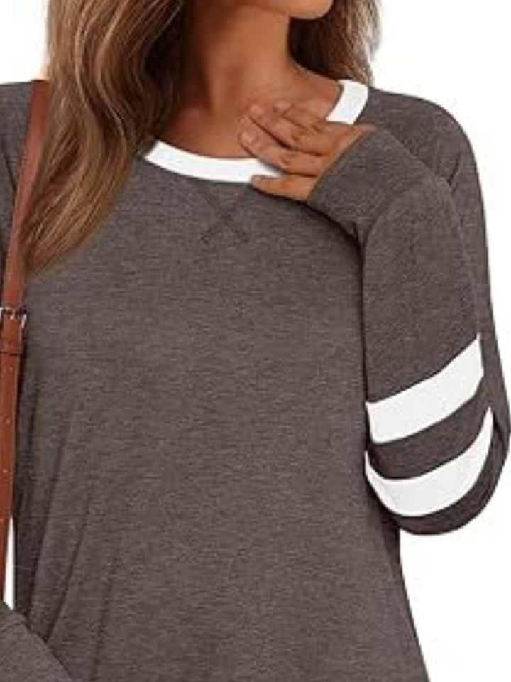 Striped Sleeve Long Sleeve Tee | Casual Round Neck Top