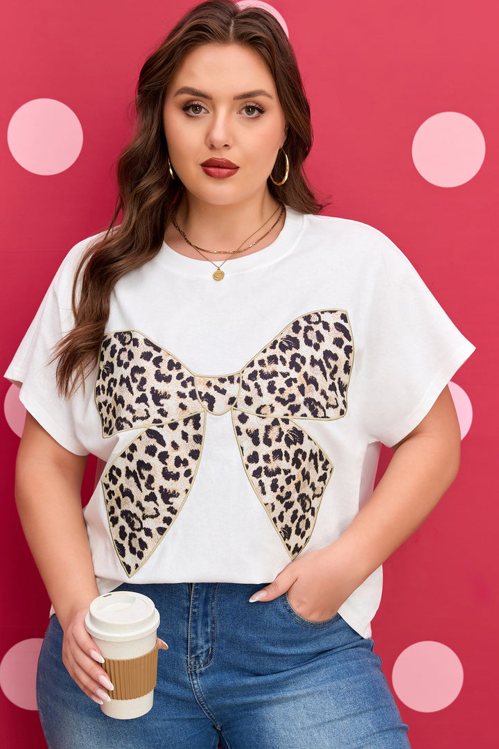 Aliya Leopard Bow Embroidered Plus Size Tee