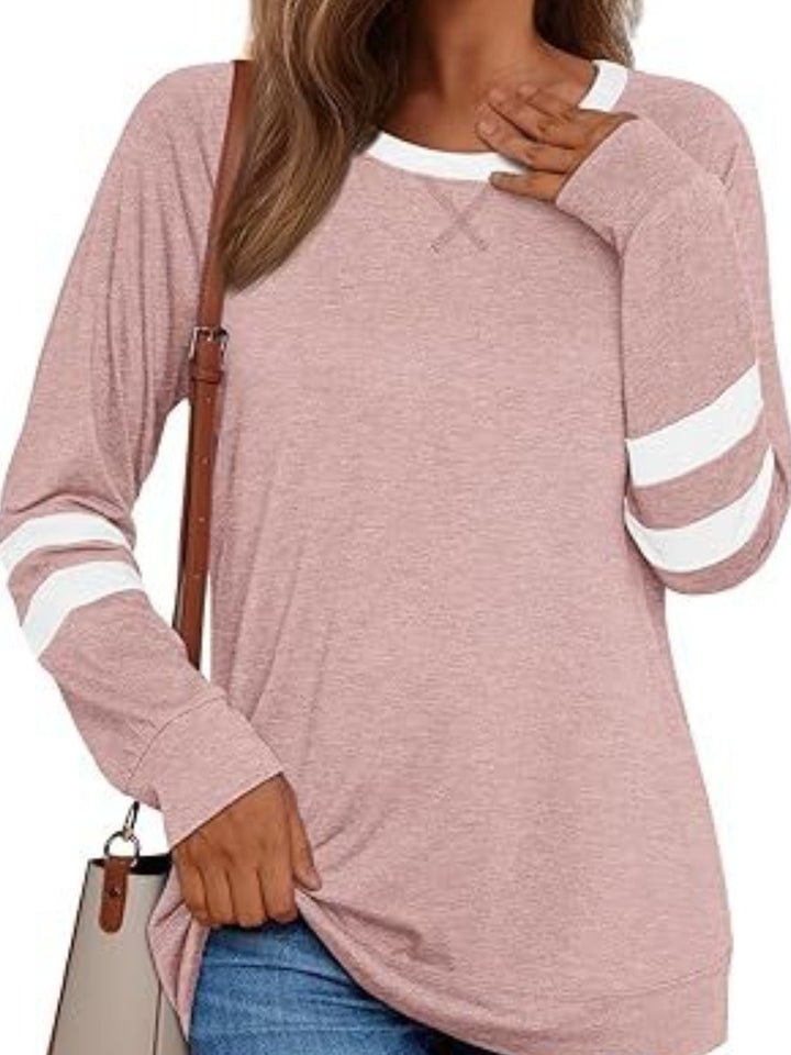 Striped Sleeve Long Sleeve Tee | Casual Round Neck Top