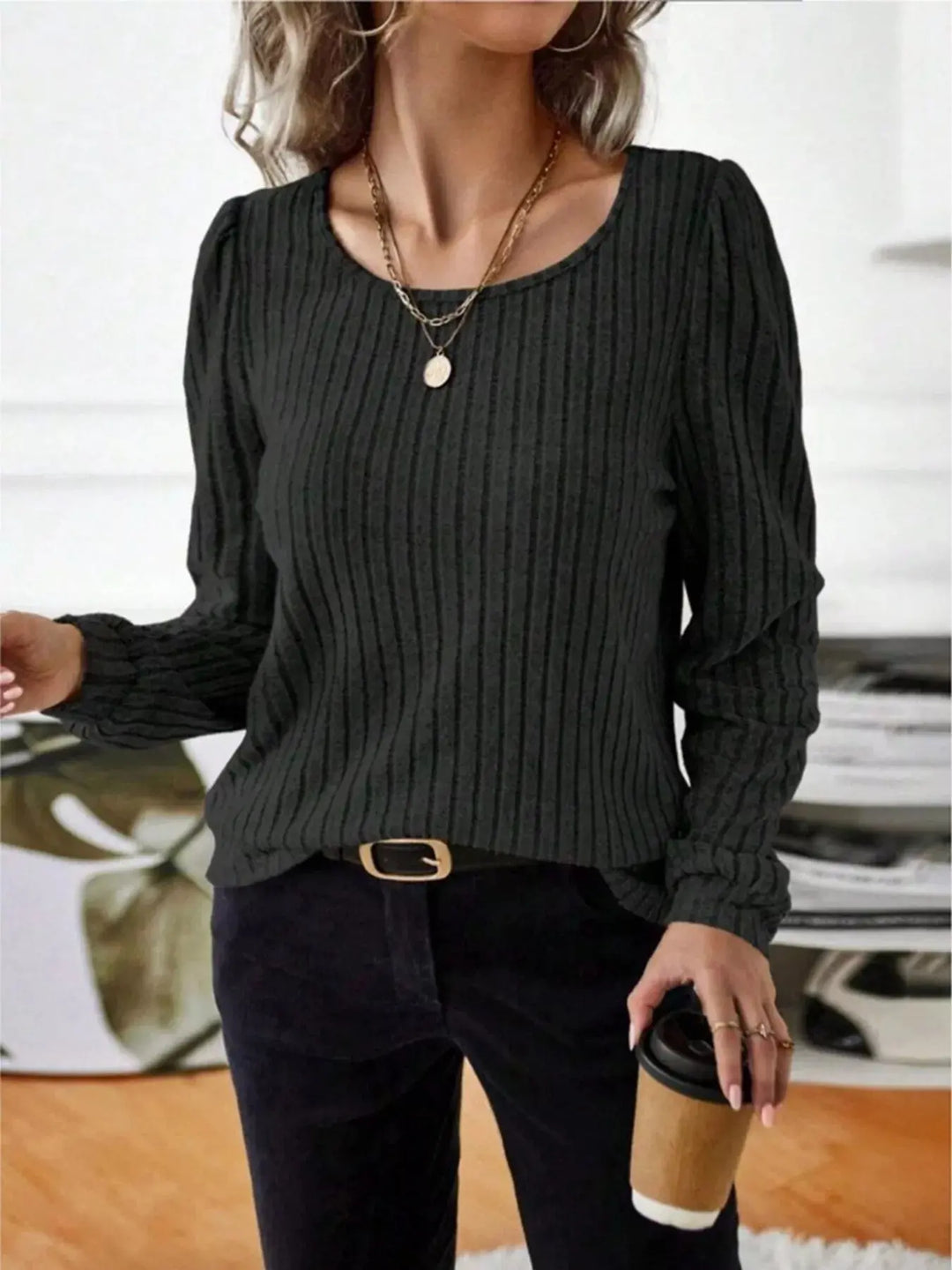 Ribbed Knit Puff Shoulder Long Sleeve Top