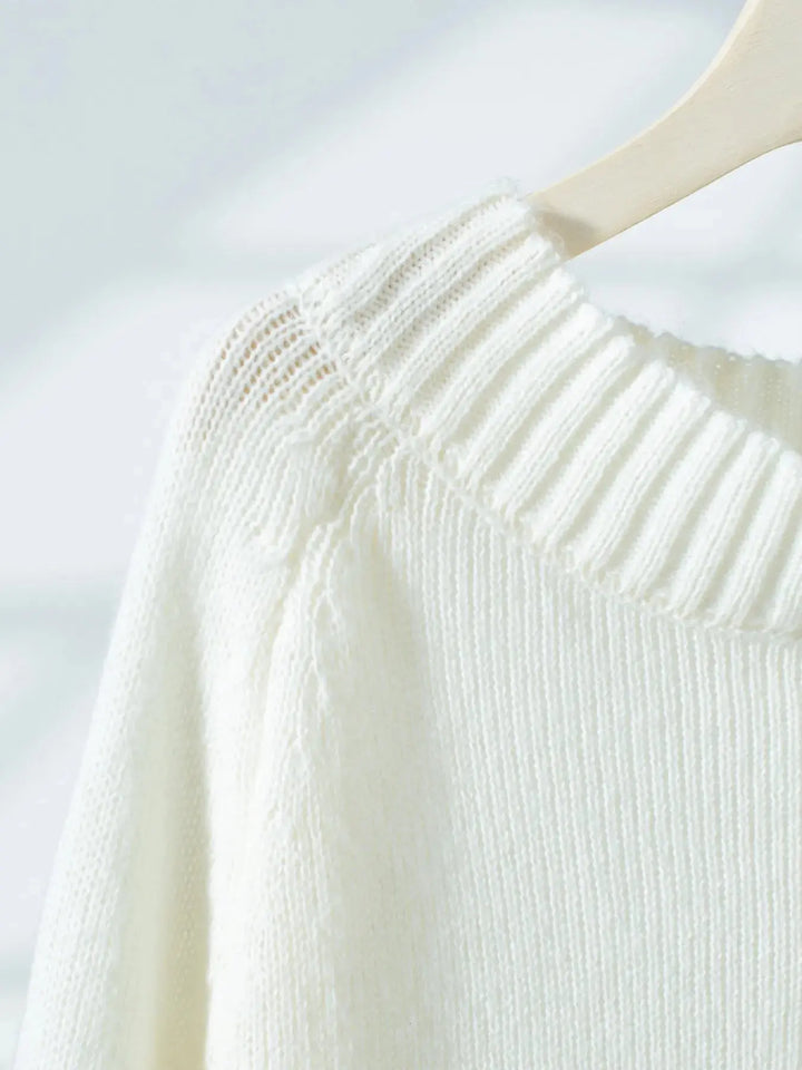 White Ribbed Knit Boat Neck Sweater