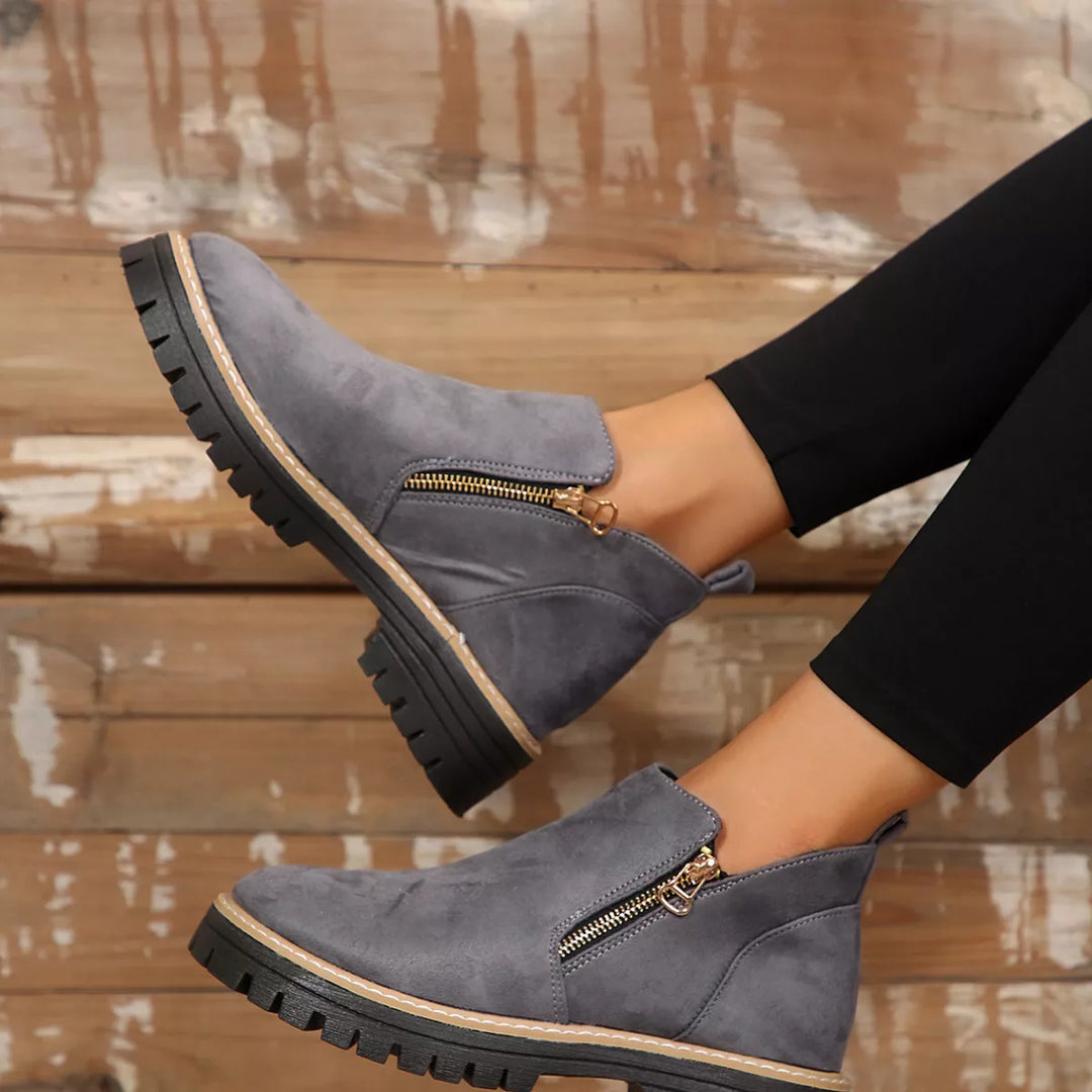 Side-Zip Suede Ankle Boots with Mid Heel