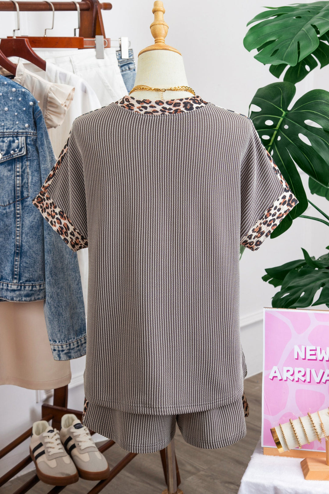 Leopard Trim Corded Top &amp; Shorts Set