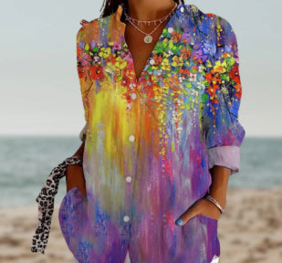 3D Floral Print Lapel Blouse | Stretch Cardigan Top