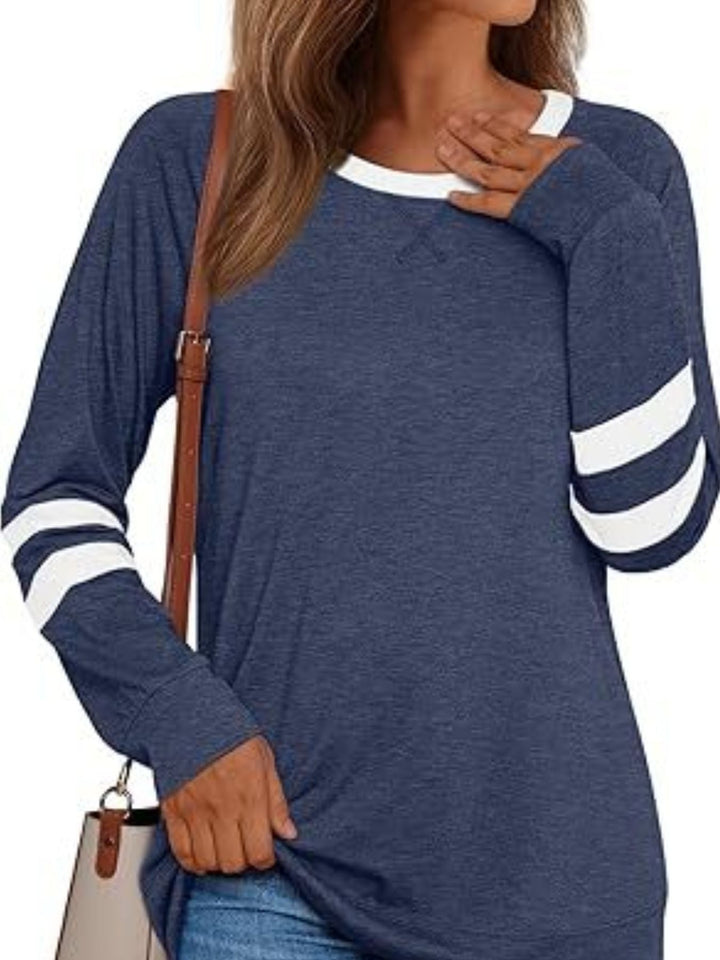 Striped Sleeve Long Sleeve Tee | Casual Round Neck Top