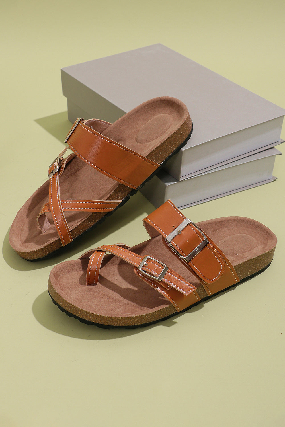 Karla Toe Ring Outdoor Slippers | Faux Suede Adjustable Strap | Camel