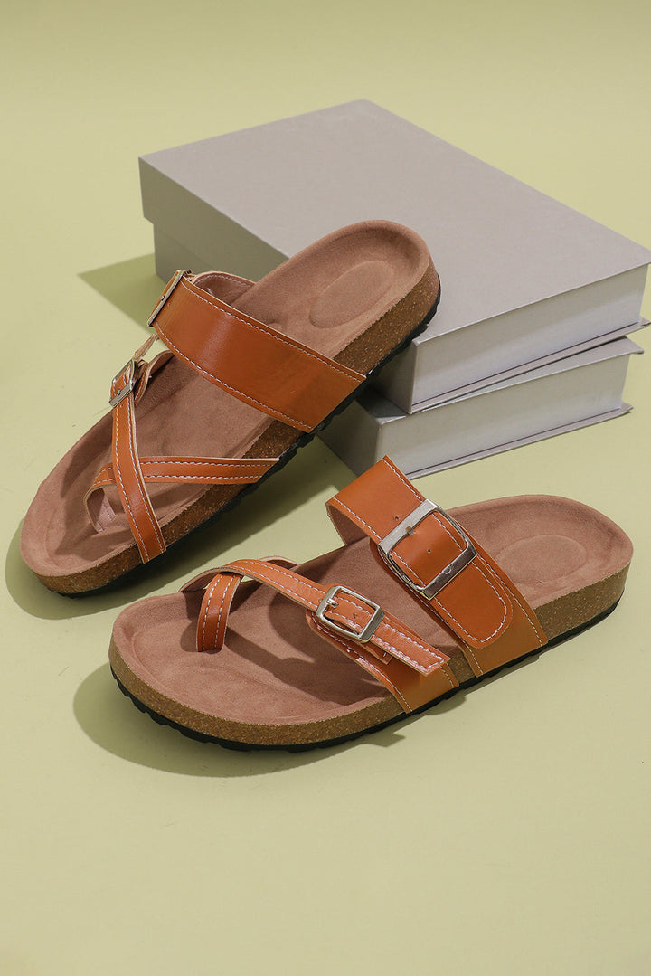 Karla Toe Ring Outdoor Slippers | Faux Suede Adjustable Strap | Camel