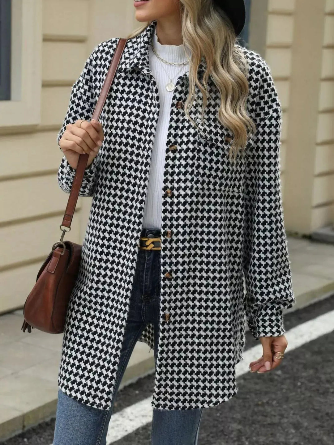 Houndstooth Longline Coat | Button-Up Long Sleeve Jacket