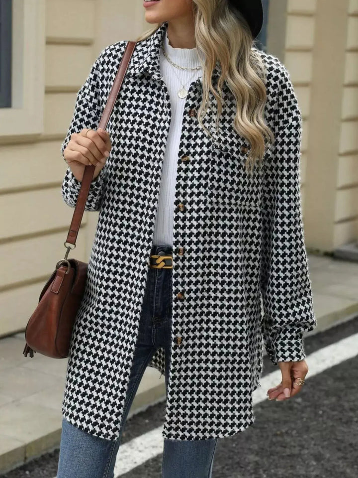 Houndstooth Longline Coat | Button-Up Long Sleeve Jacket