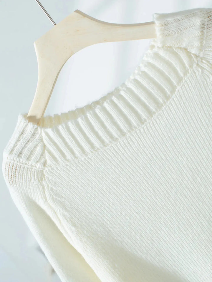 White Ribbed Knit Boat Neck Sweater