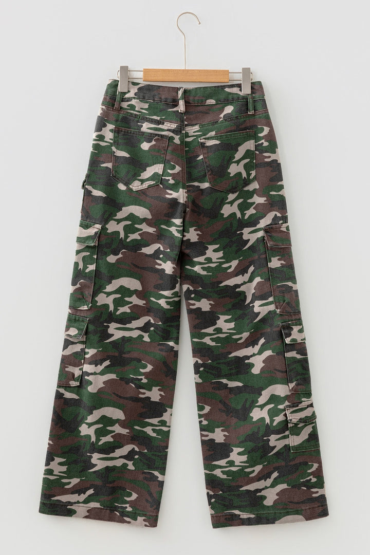 Camo Denim Cargo Wide Leg Pants