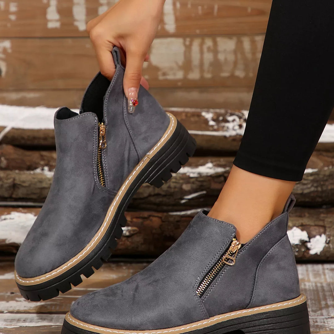Side-Zip Suede Ankle Boots with Mid Heel