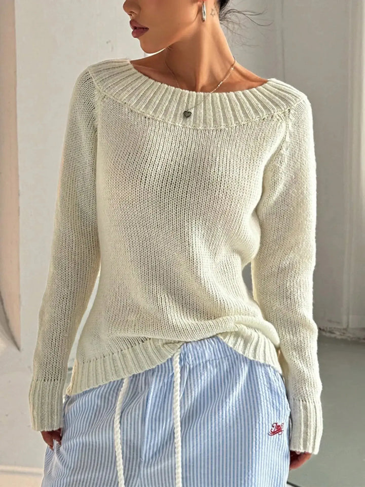 White Ribbed Knit Boat Neck Sweater