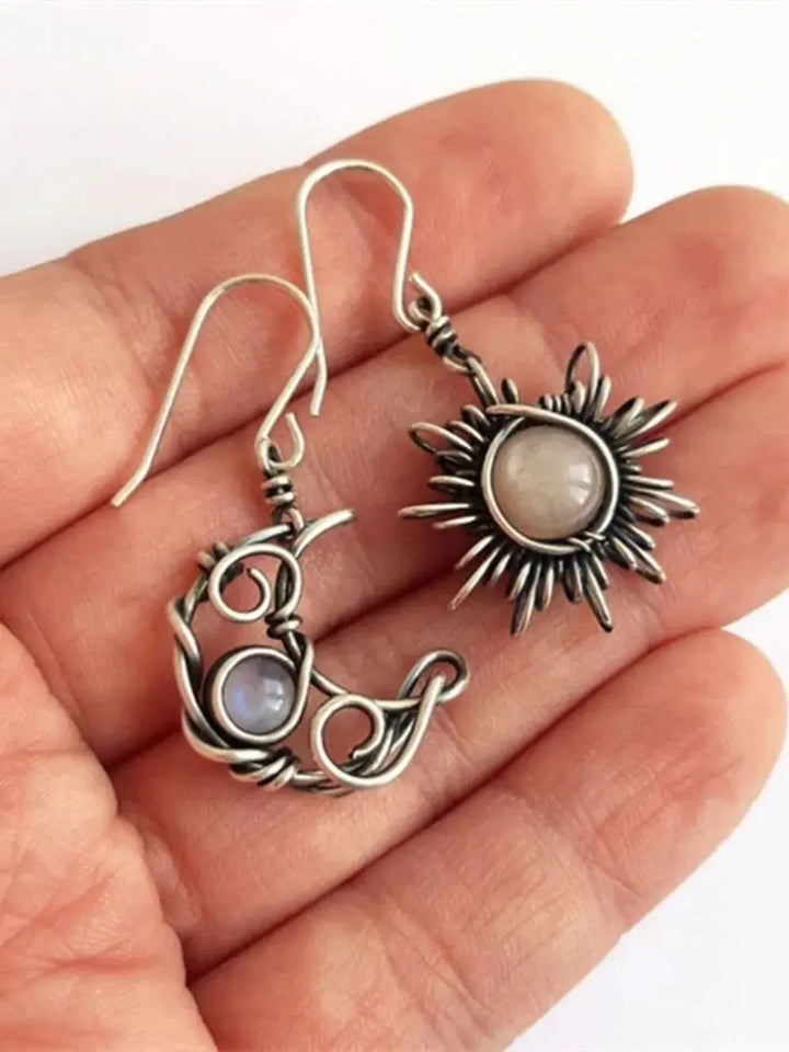 Moonstone Sun &amp; Moon Celestial Drop Earrings | Mismatched Boho Dangle
