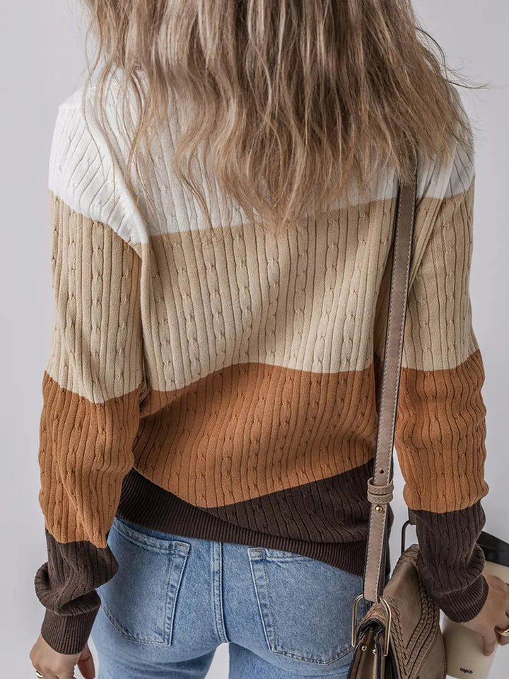Colorblock Cable Knit Sweater | Round Neck Cozy Knit Top