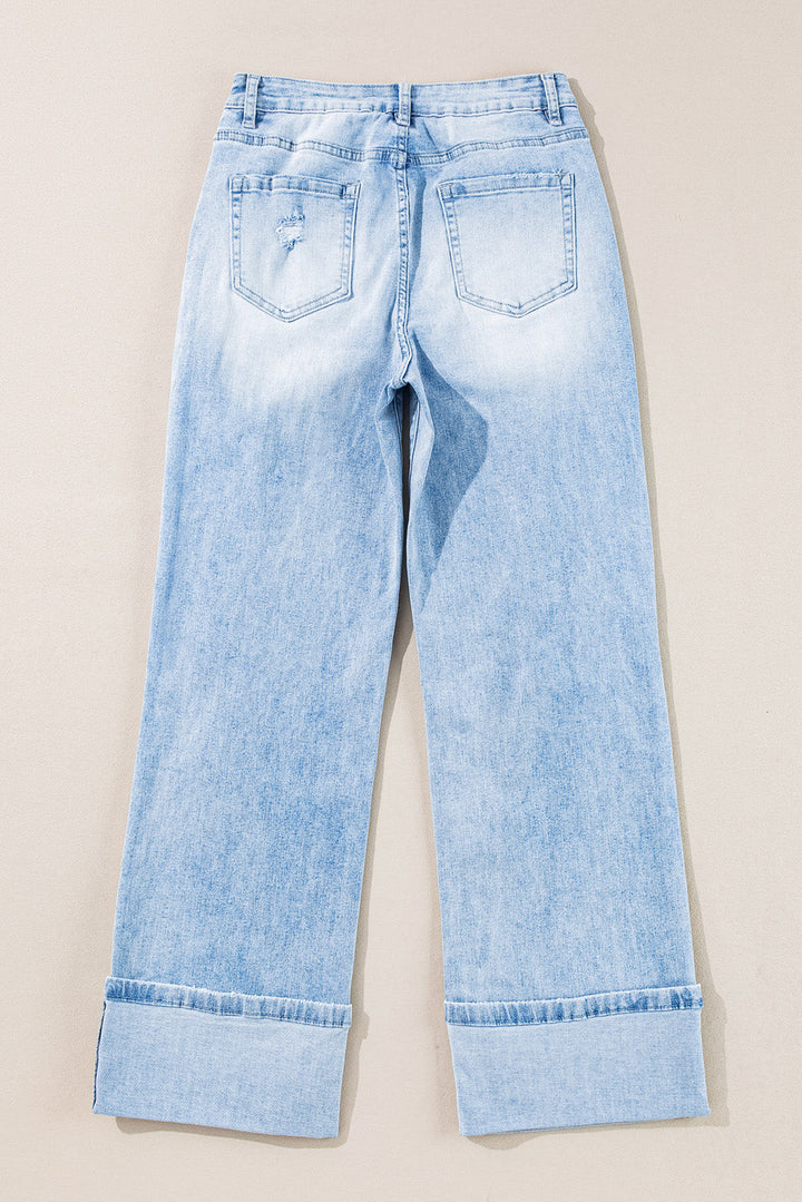 Light Wash Distressed Cuffed Wide Leg Jeans