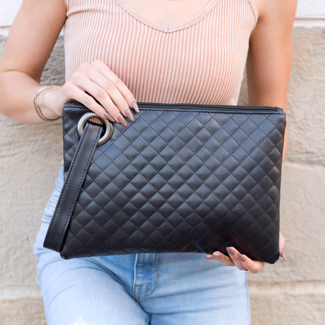 Quilted Vegan Leather Wristlet Clutch with Card Slots