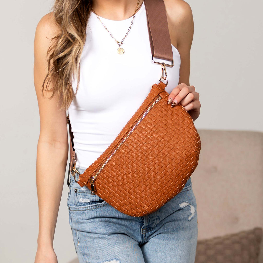 Vivienne Woven Vegan Leather Crossbody Sling Bag | Gold Hardware