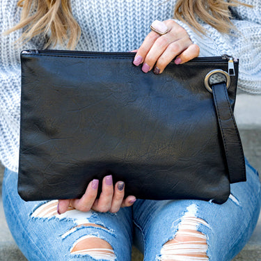 Oversized Vegan Leather Clutch Bag with Wristlet