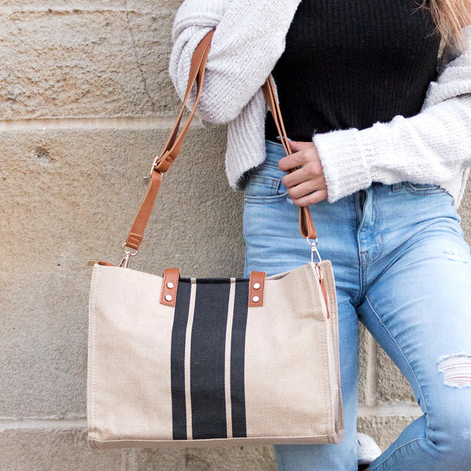 Canvas &amp; Vegan Leather Stripe Tote Bag with Crossbody Strap