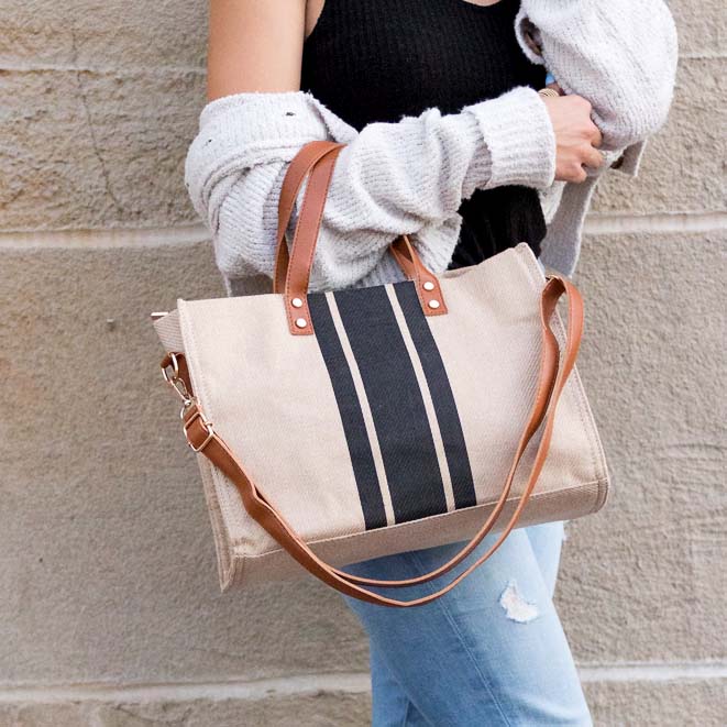 Canvas &amp; Vegan Leather Stripe Tote Bag with Crossbody Strap